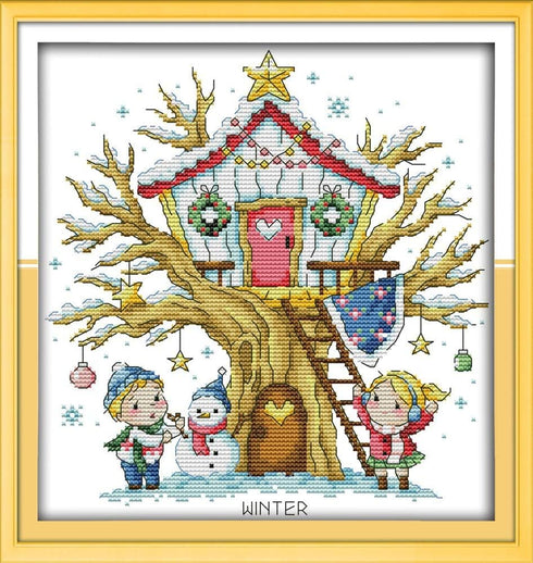 Cross Stitch Kits, Awesocrafts Tree House, Winter Easy Patterns Cross Stitching Embroidery Kit Supplies Christmas, Stamped or Counted (Tree House,...