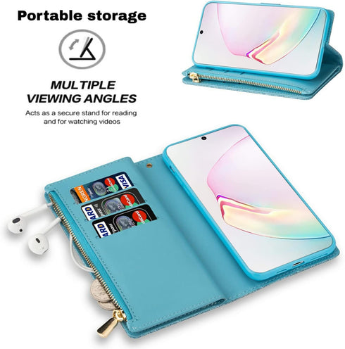 Phone Case for Samsung Galaxy Note 10 Plus Note10+ 5G Wallet Cover with Screen Protector and Wrist Strap Bling Glitter Flip Zipper Card Holder Cel...