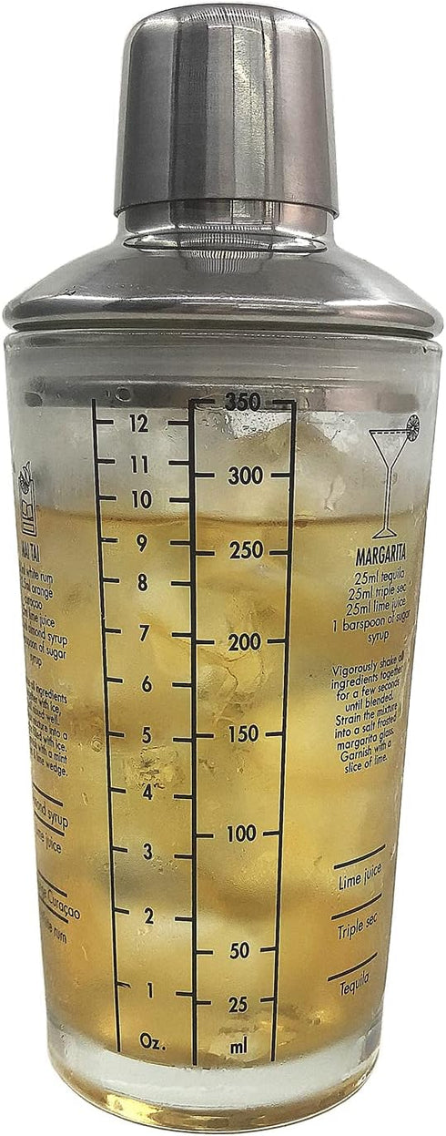 Cocktail Shaker, 12oz Glass Martini Shaker, Recipes Measured Mixing Stainless Steel Top Cobbler Shaker...