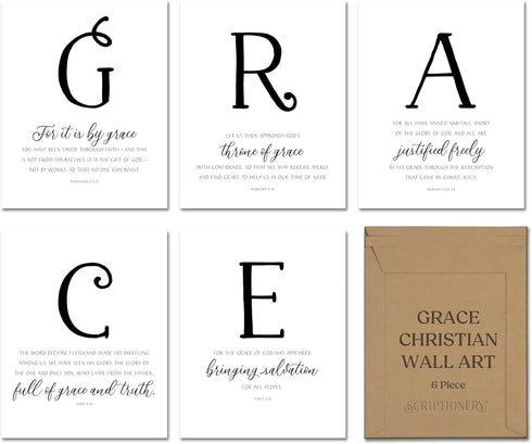 Grace Christian Wall Art Set of 5 | Black and White Bible Verse Prints 8x10 Unframed | Scripture Posters for Home | Christian Wall Decor Made in U...