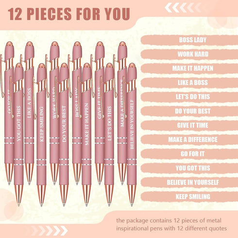 Zonon 12 Pieces Inspirational Motivational Quotes Ballpoint Pens with Stylus Tip Fine Point Smooth Writing Pens Metal Black Ink Pens Stylus Pen Se...