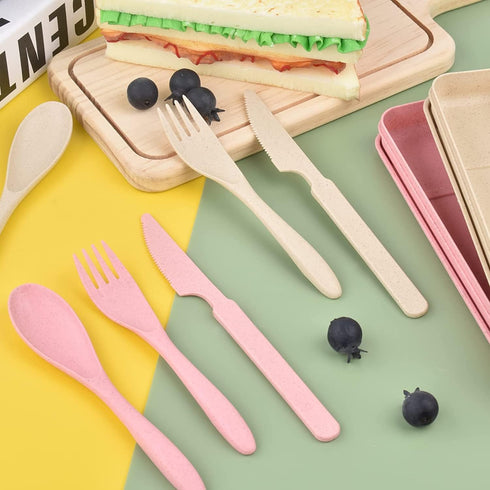 Reusable Travel Utensils Set with Case, 4 Sets Wheat Straw Portable Knife Fork Spoons Tableware, Cutlery for Adults Travel Picnic Camping or Daily...