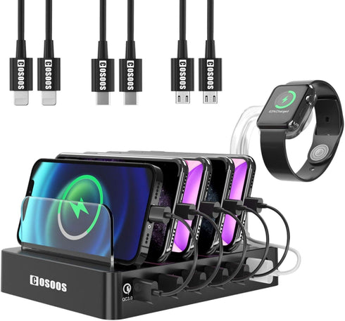 COSOOS Fastest Charging Station with QC 3.0, 63 W 6-Port USB Charging Station for Multiple Devices with 6 Mixed Short Cable & iWatch Stand, Multi ...