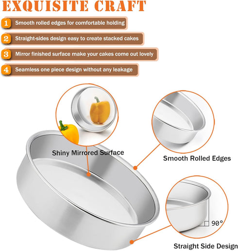 P&P CHEF Cake Pan Set of 2, Stainless Steel Round Baking Layer Cake Pans, Non Toxic & Healthy, Leak-proof & Easy Clean, Mirror Finish & Easy Relea...