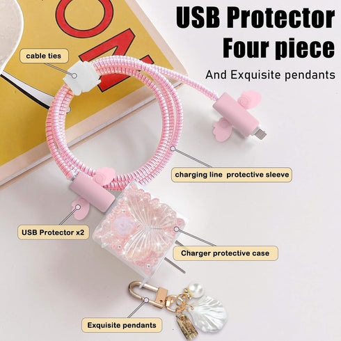 Glitter Cable Protector for Apple iPhone Charger with Pearl Chain Sparkle Pretty Cute Bling Flower Butterfly Design,Data Line USB Cover Wire Cord ...