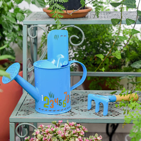 Sungmor Small Watering Can Set Cute Little Gardener Kit | Package includes 3PC Blue Number Watering Can & Trowel & Rake Gardening Hand Tools | Per...