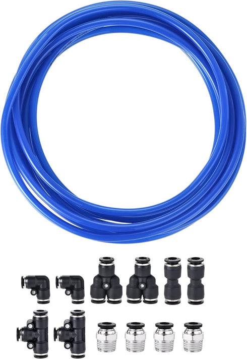 uxcell Pneumatic 6mm OD PU Air Hose Tubing Kit 5 Meters Blue with 12 Pcs Black Push to Connect Fittings...