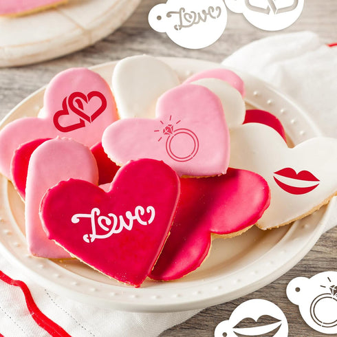 Outus 30 Pieces Valentine's Day Cake Stencils Reusable Valentine Cookie Stencils Cake Cookies Baking Painting Mould Heart Stencil Templates Coffee...