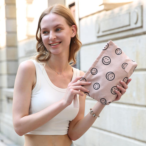 Makeup Pouch Small Cosmetic Bag: Cute Pouches for Purse with Tassel - Smiley Face Makeup Bags for Women Pink...