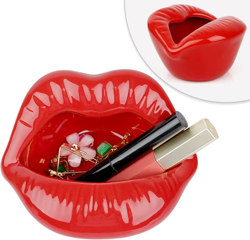 Trycooling Ceramic Red Lips Lipstick Ring Holder Jewelry Tray Rack Decorative Cosmetic Storage Display Holder Desktop Hairpin Storage Organizer Bi...