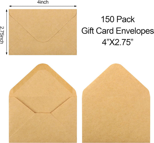 150 Pack Gift Card Envelopes, 4" x 2.75" Mini Envelopes, Brown Kraft Business Card Envelopes, Small Envelopes for Holidays, Weddings, Baby Showers...