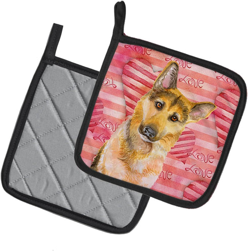 Caroline's Treasures BB9798PTHD German Shepherd #2 Love Pair of Pot Holders, Red Kitchen Heat Resistant Pot Holders Sets Oven Hot Pads for Cooking...