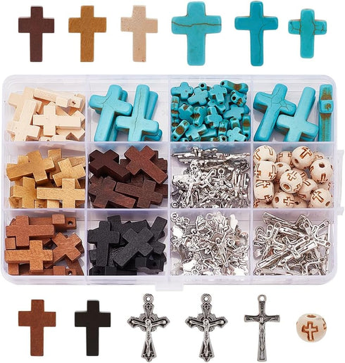 arricraft 170 Pcs Cross Jewelry Making Kits, Mixed Color Wood Cross Pendants Including Synthetic Turquoise Beads Wood Beads Pendants Alloy Pendant...
