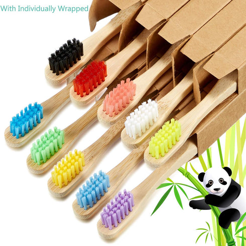 10 Pieces Kids Bamboo Toothbrush Natural Soft Bristle Toothbrush Wooden Toothbrushes Toddlers Adults Natural Wood Organic Toothbrush BPA-Free Colo...