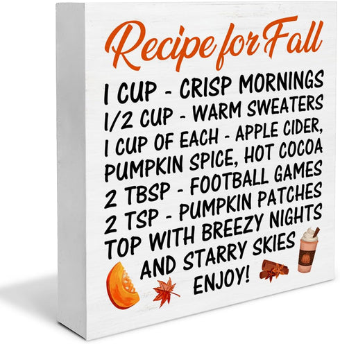 Fall Sign Recipe for Fall Wooden Sign Farmhouse Autumn Home Kitchen Decor for Desk Table Shelf Tabletop, 5 x 5 Inches...
