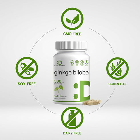 DEAL SUPPLEMENT Ginkgo Biloba 500mg Per Serving, 240 Capsules, 4 Month Supply – Grown in Northern Asia – Extra Strength, Promotes Brain Function...