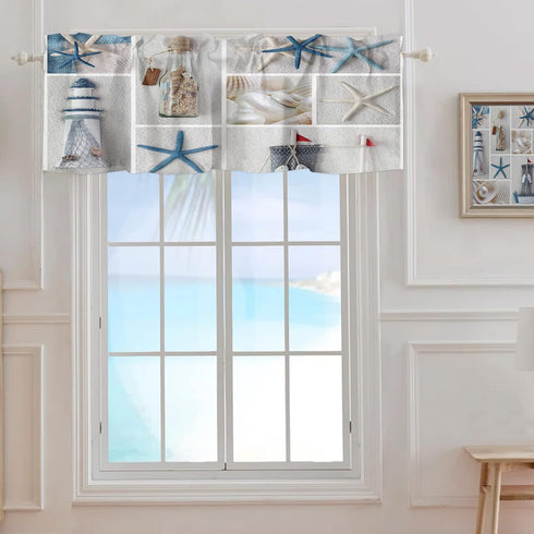 Summer Coastal Grid Valances Curtain for Kitchen Cafe, Ocean Starfish Lighthouse Window Valance Short Curtains 42"x 12" Rod Pocket Windows Treatme...