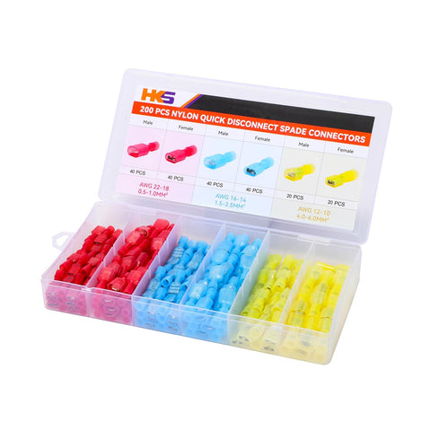 HKS 200PCS Nylon Spade Quick Disconnect Connector Kit - Male and Female Electrical Wire Connectors Kit - Tinned Copper - Cold-Pressed Wire Spade T...