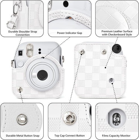 Camera Case Compatible with Fujifilm Instax Mini 12 Instant Camera, Checkerboard Style Camera Carry Bag for Polaroid Instax Mini 12 with Strap - W...