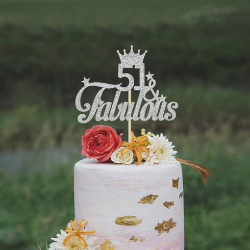 Silver Glitter 51 & Fabulous Cake Topper - 51st Birthday Cake Decorating - Happy 51st Anniversary/Birthday Party Decoration Supplies...