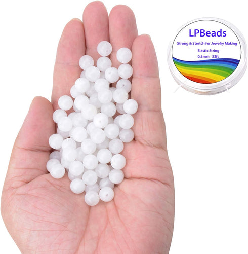 LPBeads 100PCS 8mm Natural White Jade Beads Gemstone Round Loose Beads for Jewelry Making with Crystal Stretch Cord...