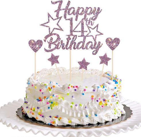Purple Glitter Happy 14th Birthday Cake Topper with Cupcake Toppers - 14th Birthday Cupcake Decoration, 14th Birthday Cake Decor for Boys or Girls...