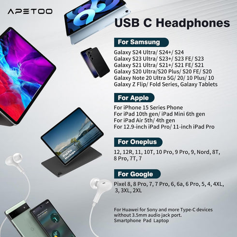 USB C Headphones Magnetic Wired Earbuds Stereo in-Ear Type C Earphones with Microphone Volume Control Noise Isolation for Samsung S24 S23 FE S22 U...