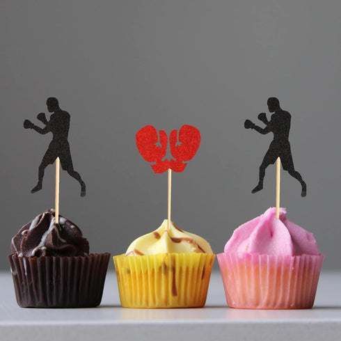 48Pcs Black Red Glitter Boxing Gloves Boxer Cupcake Toppers Fitness Cupcake Picks Boxer Birthday Party Decorations...