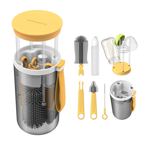 Travel Baby Bottle Brush Set with Extendable Liquid Silicone Bottle Brush?Nipple Brush?Built-in Bottle Drying Rack?Straw Cleaner Brush?Baby Bottle...