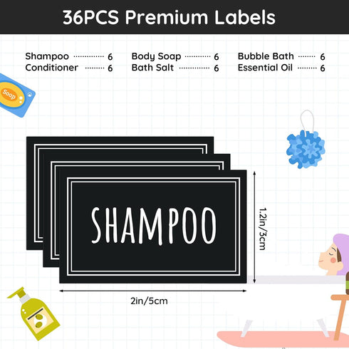 Segbeauty 36PCS Black Waterproof Labels, Self-Adhesive Bathroom Labels for Organizing, Removable Printed Shampoo Conditioner Body Soap Bath Salt E...