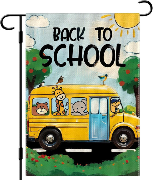 Back to School Garden Flag School Bus Animals Flag 12×18 Inch Double Sided Buffalo Plaid Fall Farmhouse Yard Flag Seasonal Outdoor Decor...