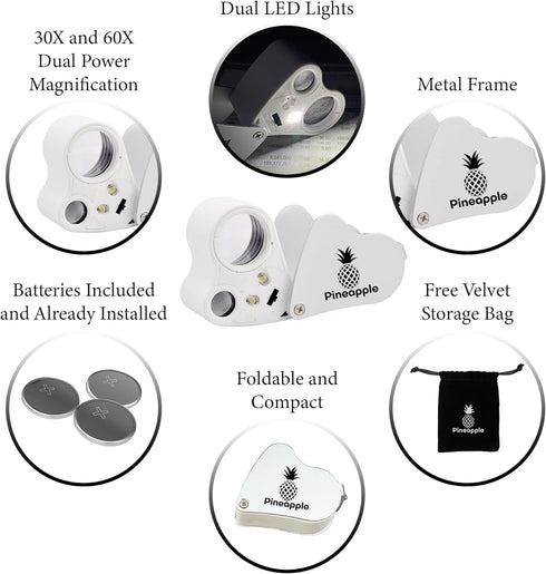30X 60X Jewelers Loupe Magnifying Glass with Light, Lighted Magnifying Glass Jewelry Loop, Pocket Magnifier for Coins, Jewelry, Plants, Currency, ...