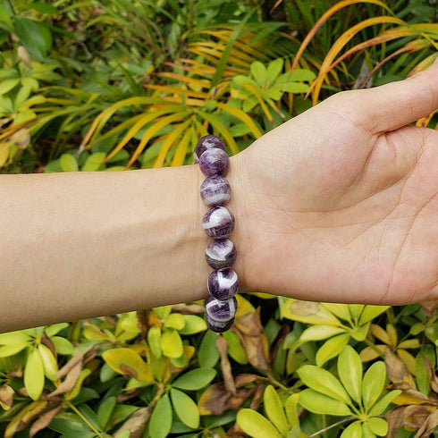 chengmu 12mm Banded Amethyst Stretch Bracelet Natural Round Beads Semi Gemstone for Crystal Elastic Beaded Bracelet 8"...