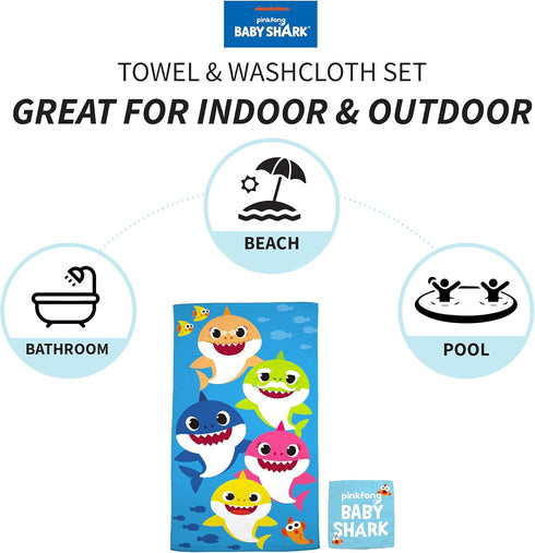 Franco Baby Shark Kids Bath/Pool/Beach Soft Absorbent Cotton Terry Towel with Washcloth 2 Piece Set, 50 in x 25 in...