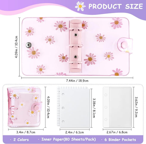 2 Sets Mini Transparent 3 Ring Binder Covers with Daisy Pattern Binder Inner Paper and Pockets Clear Soft PVC Notebook Loose Leaf Binder with Snap...