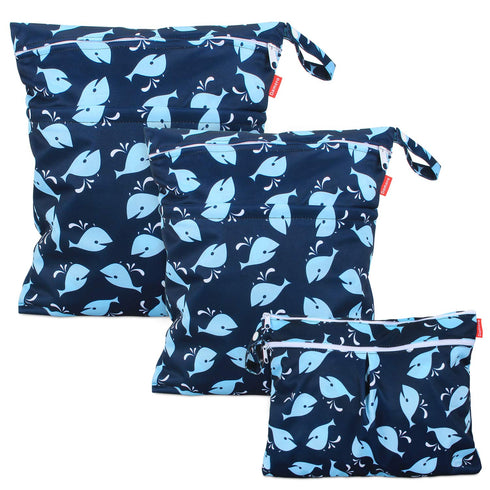 Damero 3Pcs Wet Dry Bag with 2 Zippered Pockets and Snap Handle for Cloth Diaper, Swimsuit, Clothes, Ideal for Travel, Exercise, Daycare, Roomy an...