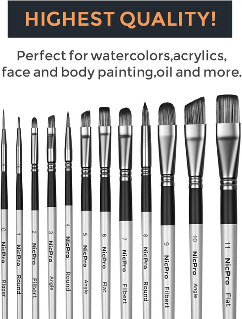Nicpro 12 PCS Acrylic Paint Brushes Adult Art Paint Brush Set for Watercolor Oil Gouache Face Body Craft Miniatures Painting,Paintbrushes...