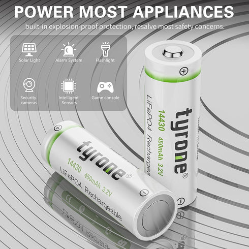 tyrone 14430 3.2 Volt Rechargeable Solar Light Battery,3.2V 450mAh 14430 Rechargeable Battery for Outdoor Garden Light, Solar Panel Light, Tooth B...