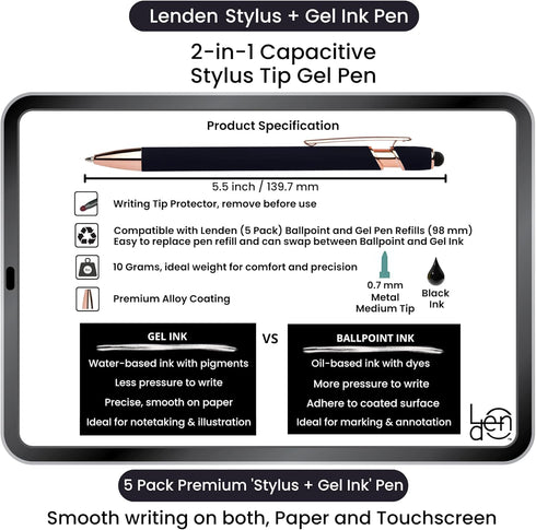 Pack of 5 Rubberized Comfort Soft Touch 2 in 1 Gel Ink Pen Capacitive Stylus Tip, Premium Metal Medium Point, Black Ink, Compatible with Most Touc...