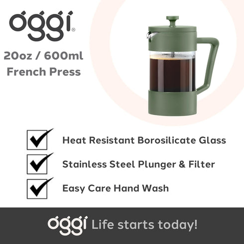 Oggi Borosilicate Glass French Press Coffee Maker (20oz)- 5 Cup Capacity, Coffee Press, Single Serve Coffee Maker, Stainless Steel Lid & Plunger, ...