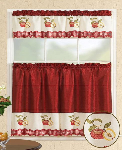 All American Collection Modern Contemporary 3pc Embroidered Home Kitchen Window Treatment Curtain Set (Straight Valance, Red Apples)...