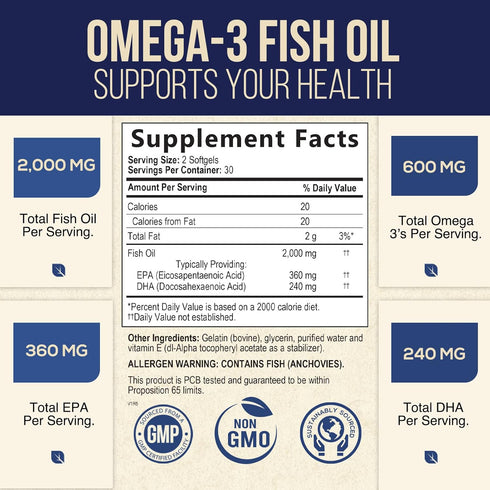 Omega 3 Fish Oil Triple Strength 2000 mg Softgels, Omega-3 Supplements, Natural Brain Heart Joint Health & Immune Support - Fatty Acids with EPA &...