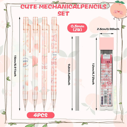 Pink Peach Mechanical Pencil Set, 4pcs Cute Mechanical Pencils with A Tube of 0.5MM Pencil Refills & Top Erasers Aesthetic School Supplies Back to...