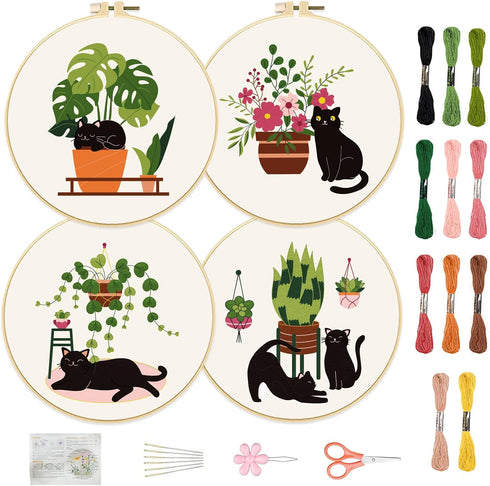 FREEBLOSS 4 Set 8'' Embroidery Kit for Beginners Cats&Plants Pattern Embroidery Kit with Instructions Full Kit of Embroidery Cloth 2 Embroidery Ho...