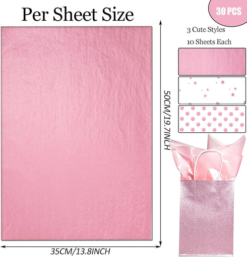 LIAPAWPAW 30 Sheets Pink Tissue Paper for Gift Bags, Metallic Gift Wrapping Tissue Paper Bulk, Cute Polka Dot Star Art Tissue for Girl's Birthday ...