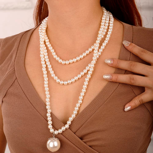 Multilayer Long Imitation Pearl Statement Necklace with Pearl Pendant and Earrings Set Vintage Costume Jewelry for Women Girls...