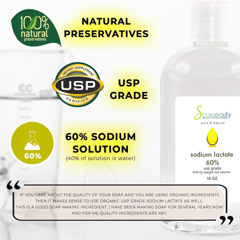 SODIUM LACTATE for Soap Making & Lotions | 60% USP Pure Natural Preservative | Harder Bar of Soap, Bigger Yield, Faster Cure Time, Provides Moistu...