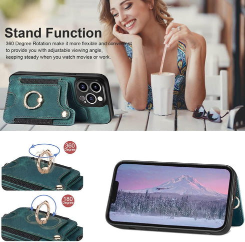 JanCalm iPhone 13 Pro Leather Flip Case, Card Holder, RFID-Blocking, Magnetic, Ring Holder (Green)...