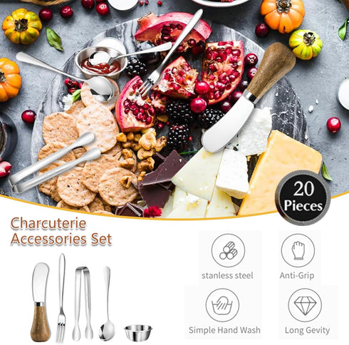 Charcuterie Board Accessories 20pcs,Cheese Butter Spreader Knives Set Wooden Handle Cheese Spreader Knive Mini Tongs, Spoons Forks Dip Bowls for P...