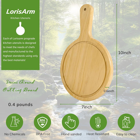 7" Mini Pine Wood Cutting Board with Handle, Small Serving board Wooden Round Pizza Peel Paddle for Homemade Baking Pizza Bread Cake Fruit Vegetab...